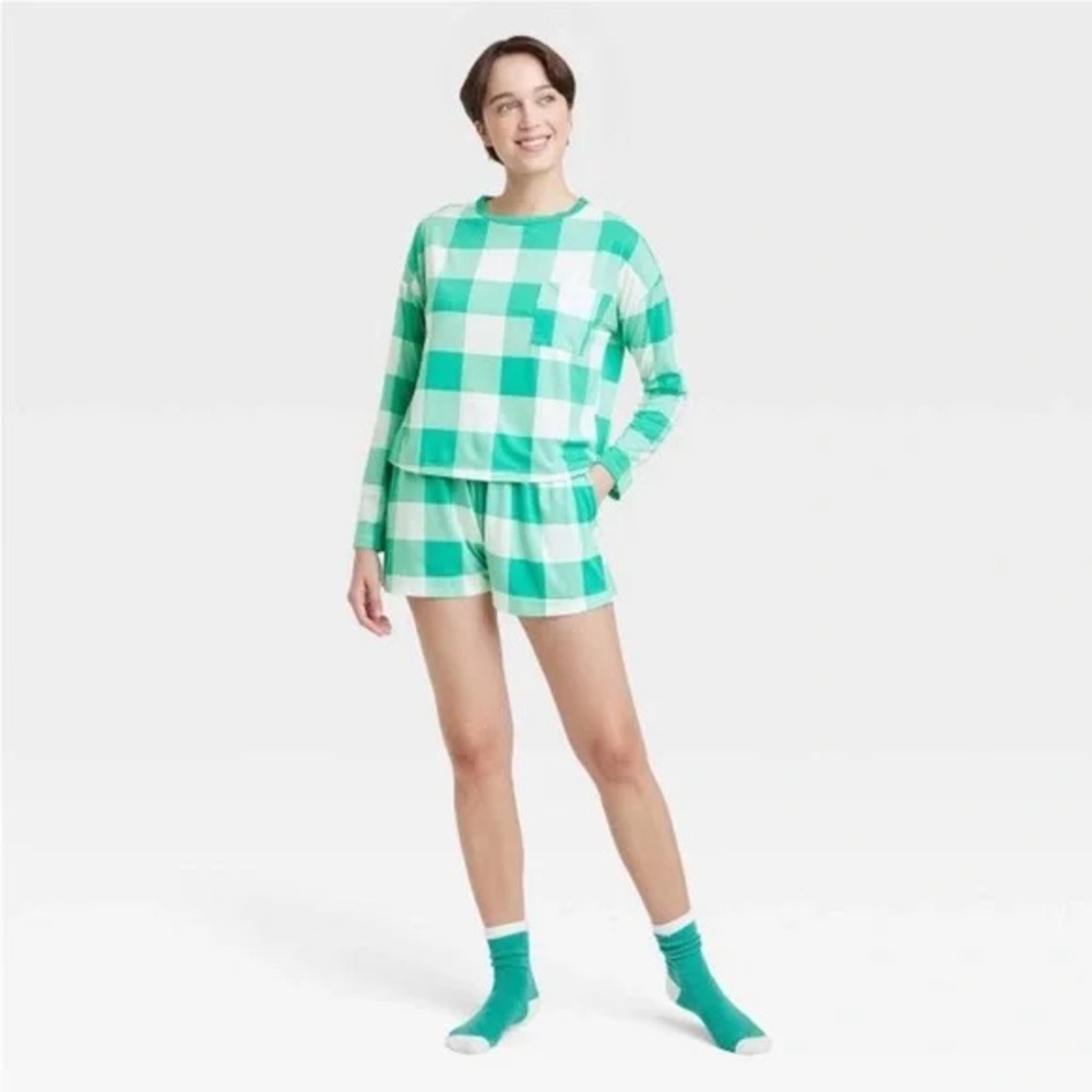 Green Checkered Pajama Set, long sleeve top & short bottoms